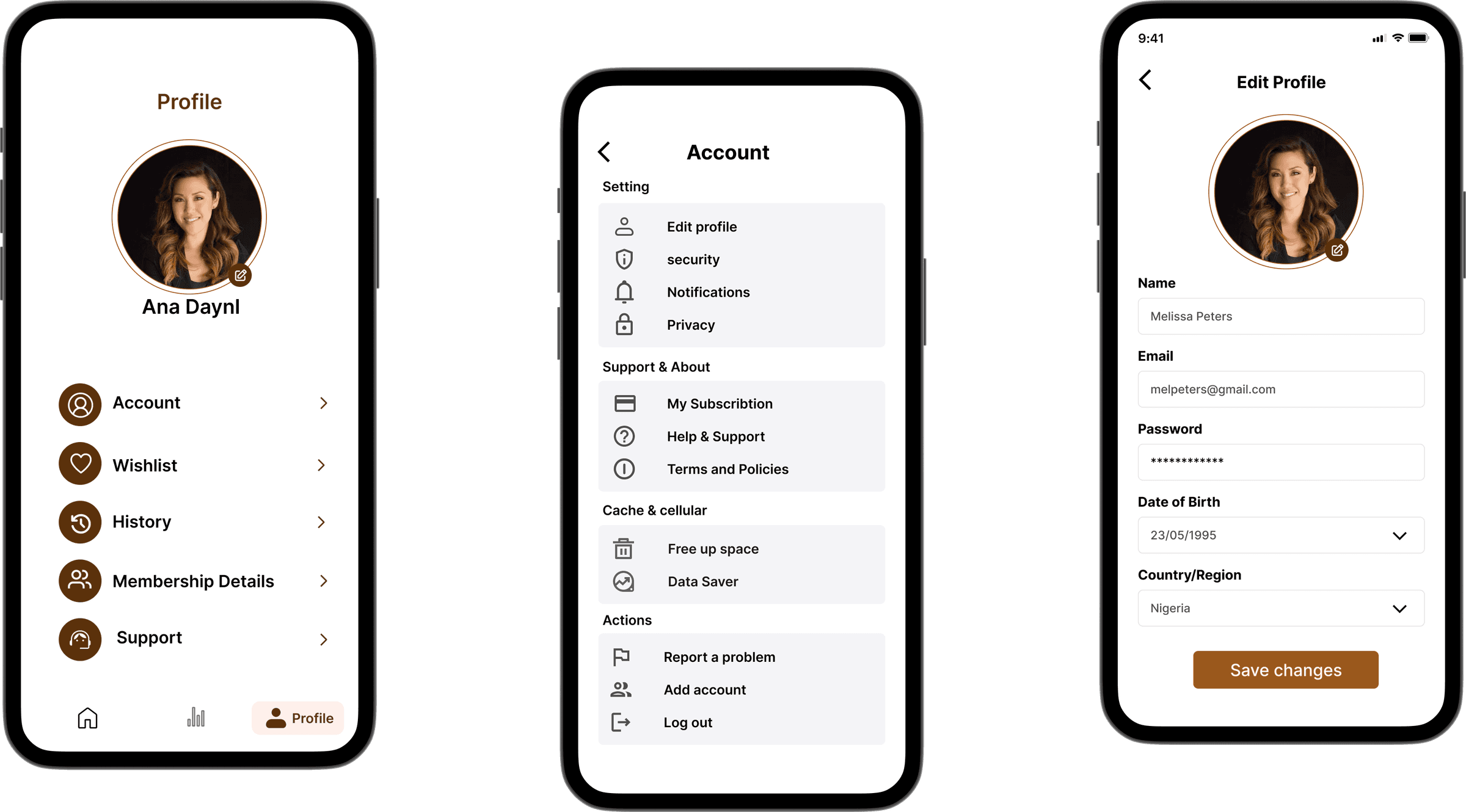 Profile, Account, and Edit Profile screens