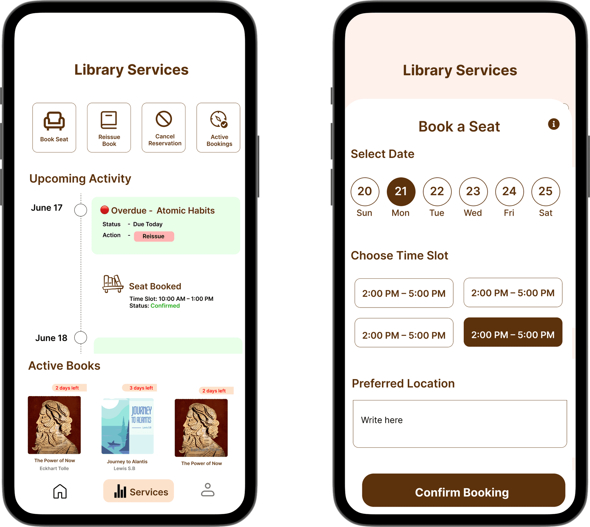 Library Services and Seat Booking screens