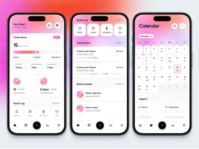 Reference: a cycle tracker's home, quick log and calendar