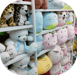 A shelf of plush toys