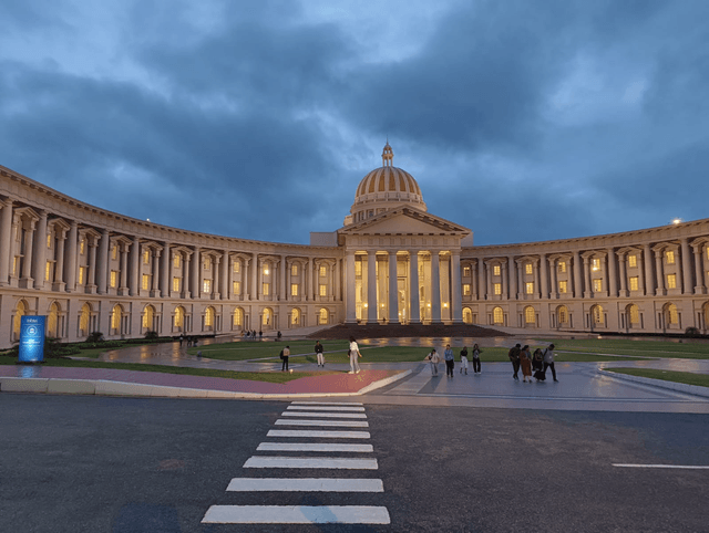 campus dome lit up at dusk