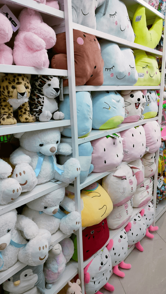 shelves of soft toys at the store