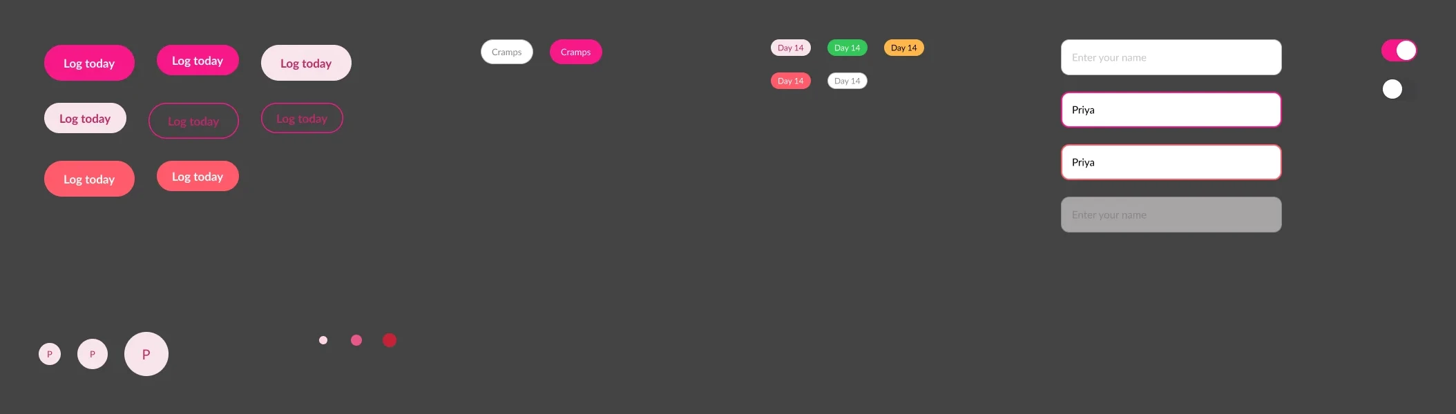 Atoms: buttons, chips, badges, inputs, switches, avatars and the flow-intensity dot