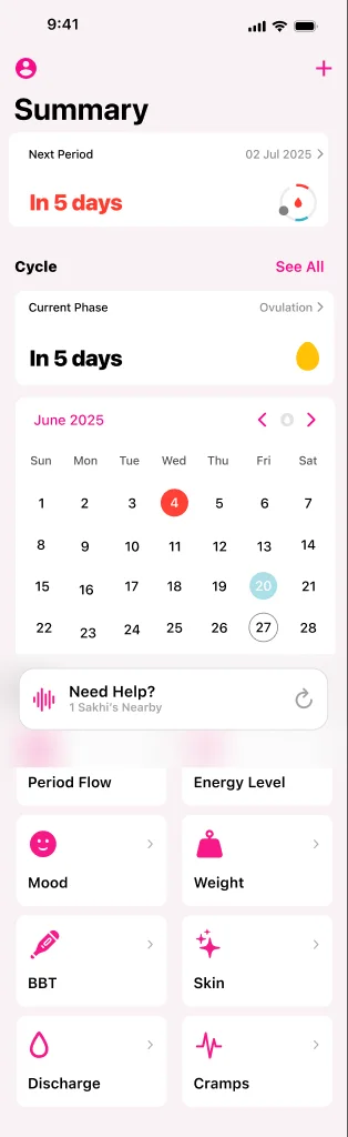 An earlier summary screen: next period, cycle, calendar and logs on one long page