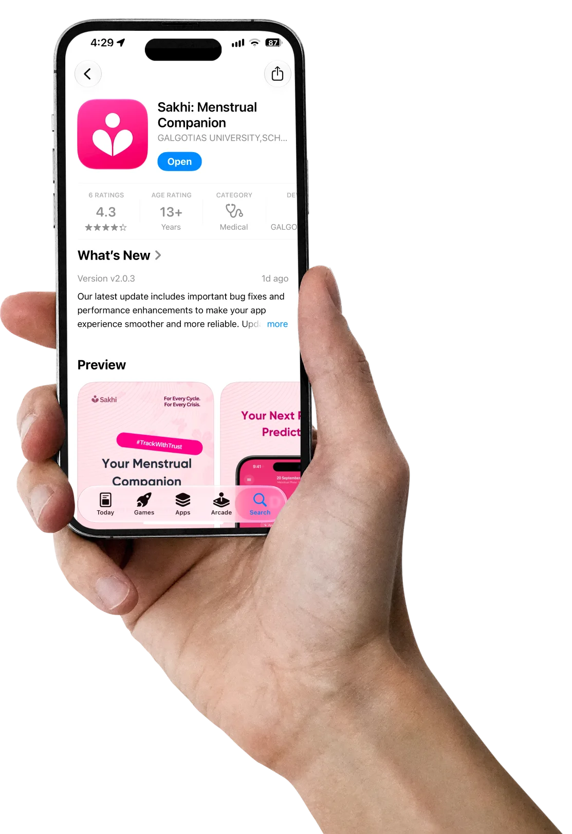 Sakhi's App Store listing on an iPhone, held in a hand