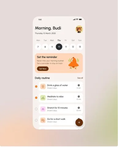Reference: a morning screen with a reminder and a daily routine