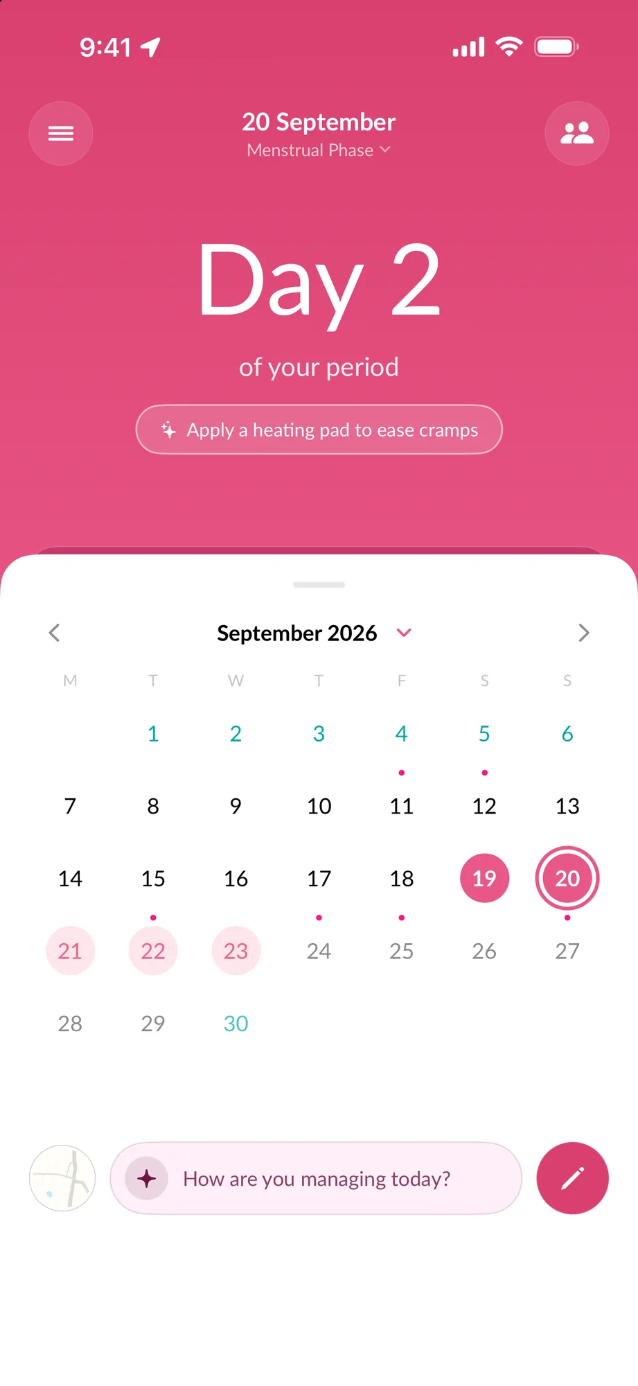 Home with the calendar sheet: period days, predicted days, the fertile window and today ringed