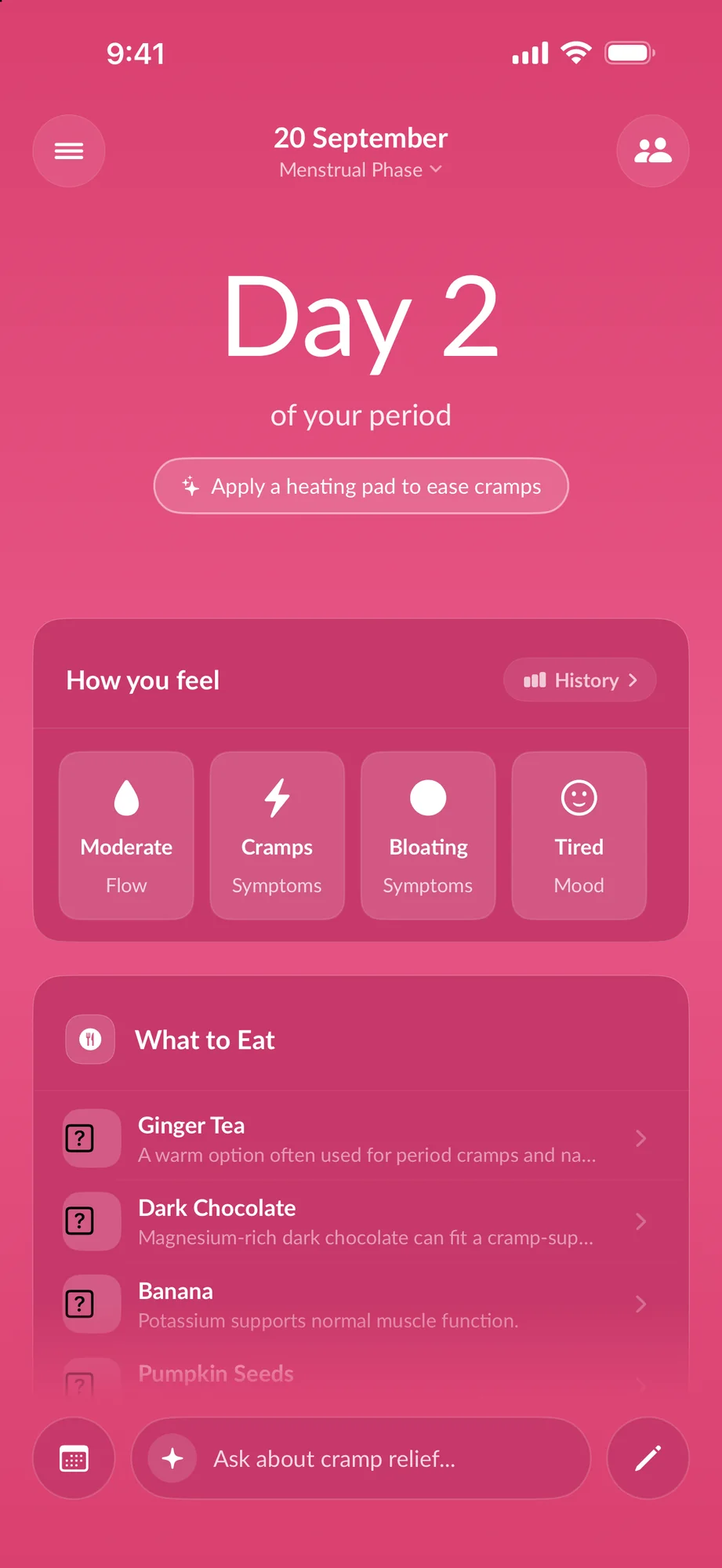 Home on day two of her period: one tip, how you feel and what to eat