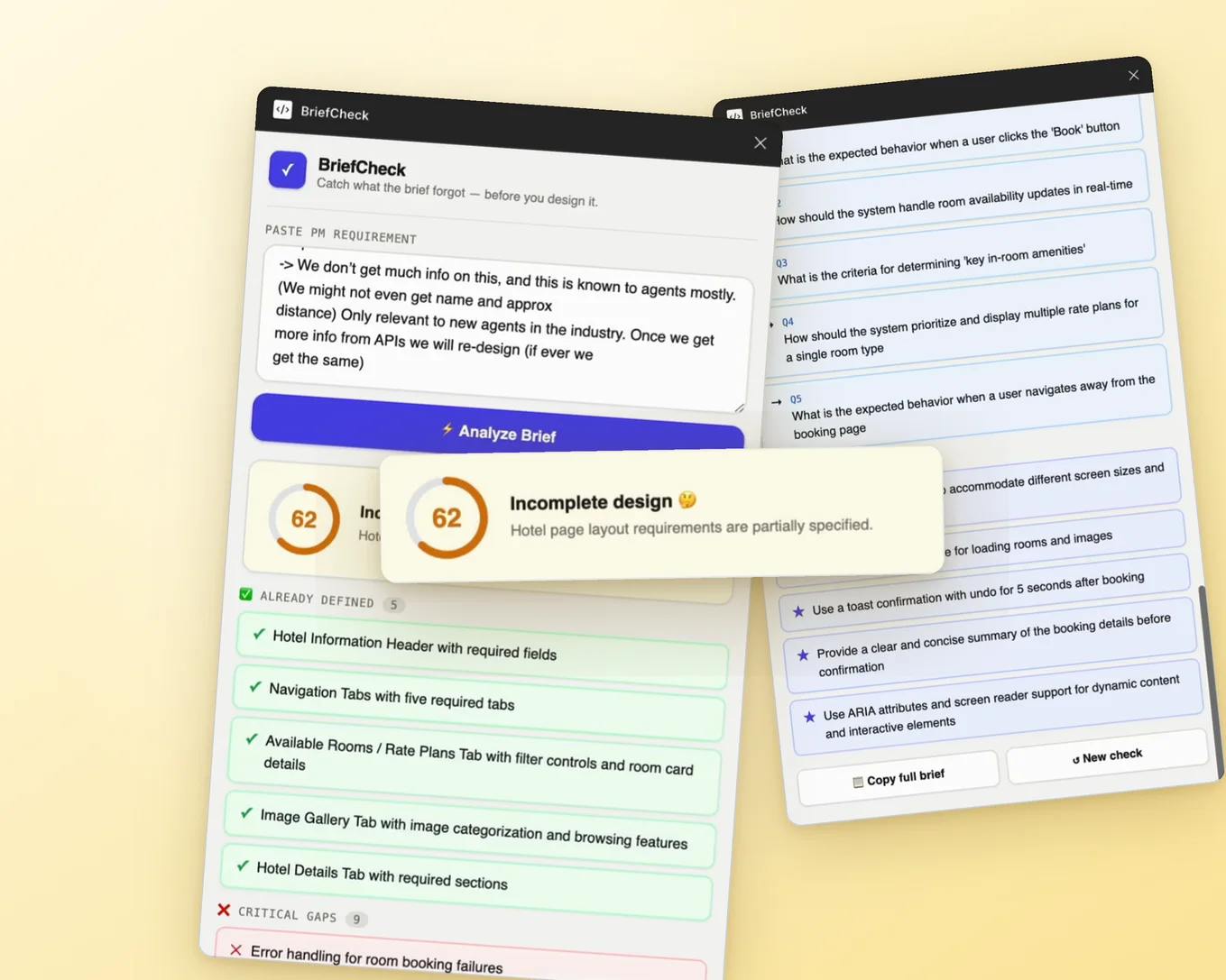 The BriefCheck plugin window: a completeness score of 62, the parts of the brief already defined, and a list of questions for the PM