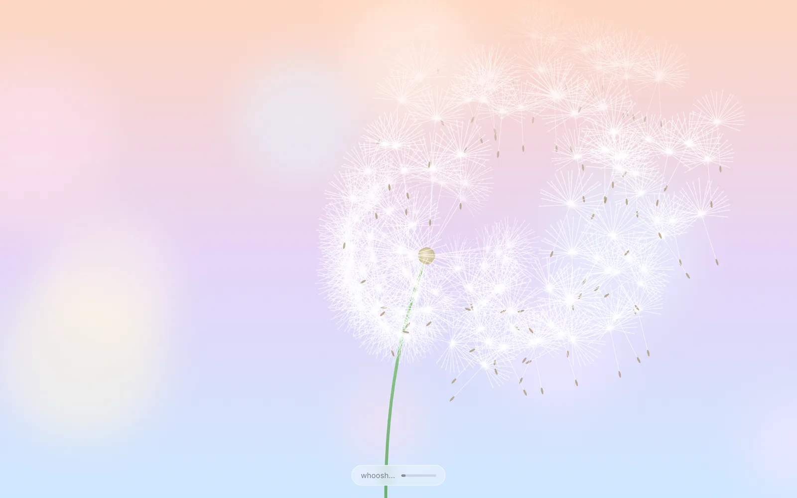 The dandelion mid-breath, seeds drifting off to the right