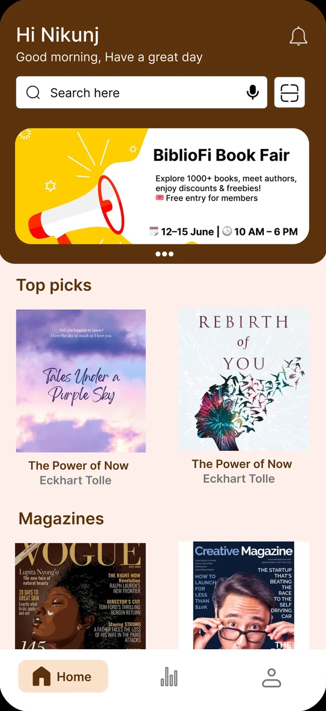 BiblioFi home screen with top picks and magazines